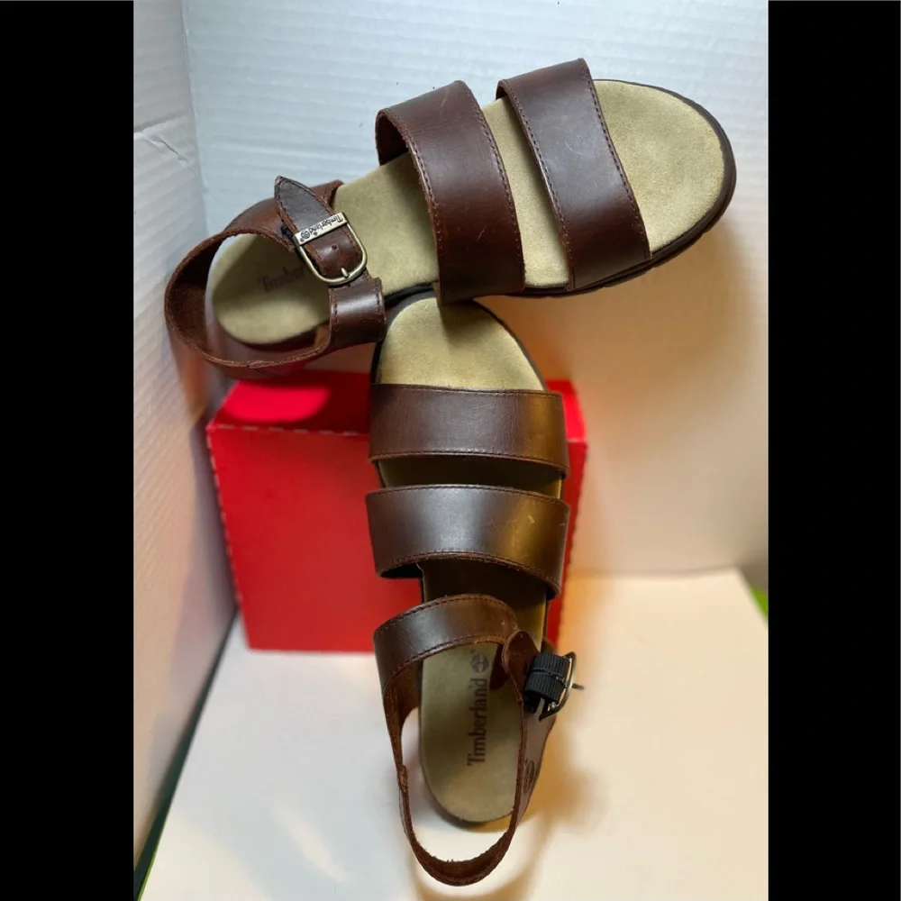 Timberland Woman’s Sandals Double Strap Flat Brown Leather - Open Toe Sz 10 - Picture 2 of 7